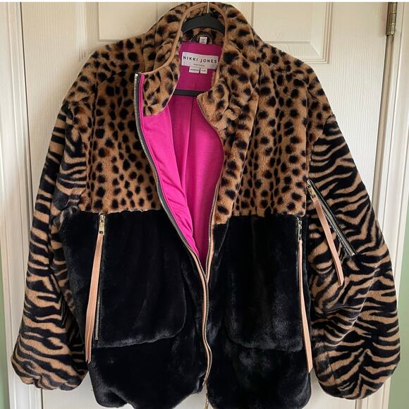 Nikki Jones Multi Print Faux Fur Jacket Balloon Sleeves Pockets Sz L Mob Wife - Picture 7 of 16